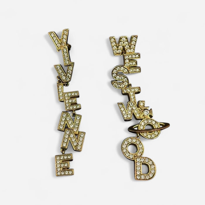Vivienne Westwood large gold crystal spellout orb soho earrings