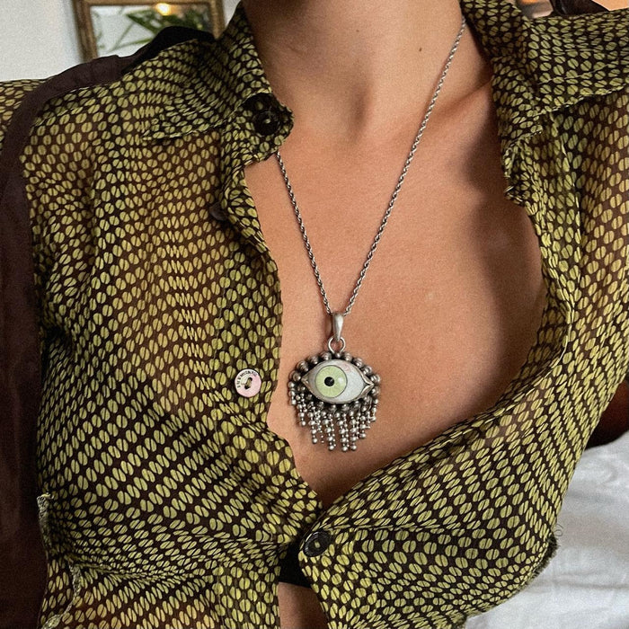 Handmade real prosthetic green eye sterling silver necklace pendant