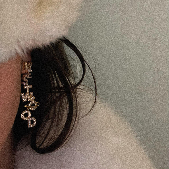 Vivienne Westwood large gold crystal spellout orb soho earrings