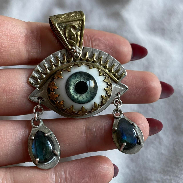 Handmade prosthetic green blue eye sterling silver & opal necklace pendant