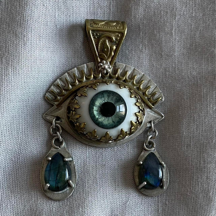 Handmade prosthetic green blue eye sterling silver & opal necklace pendant