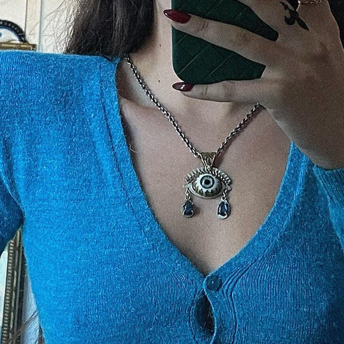 Handmade prosthetic green blue eye sterling silver & opal necklace pendant