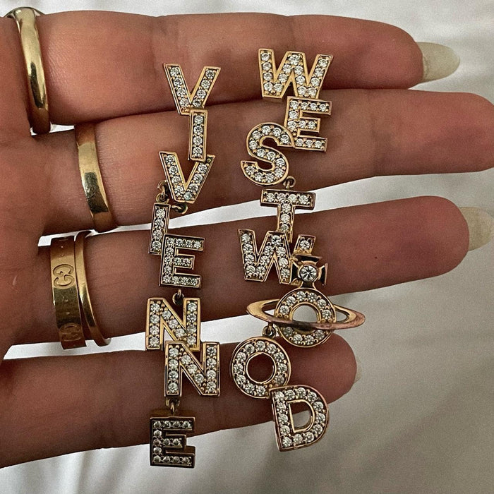 Vivienne Westwood large gold crystal spellout orb soho earrings