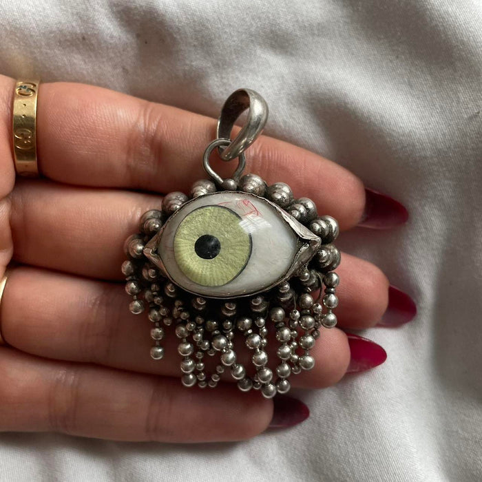 Handmade real prosthetic green eye sterling silver necklace pendant