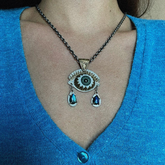 Handmade prosthetic green blue eye sterling silver & opal necklace pendant