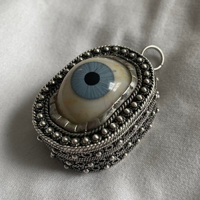 Handmade real prosthetic blue eye sterling silver necklace locket pendant