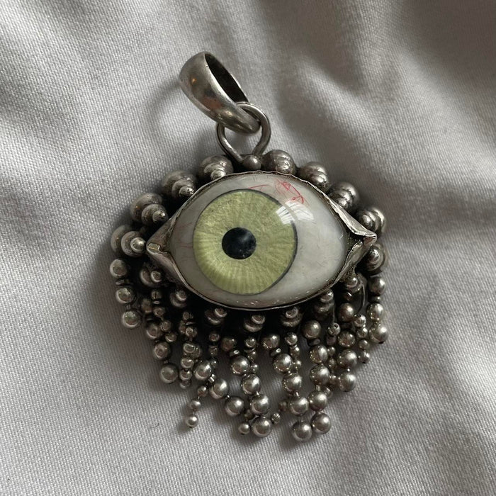 Handmade real prosthetic green eye sterling silver necklace pendant