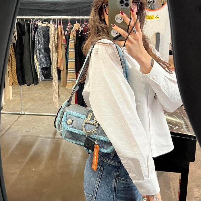 Christian Dior shearling blue flight bag