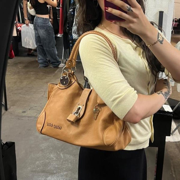 Miu Miu tan leather padlock shoulder bag