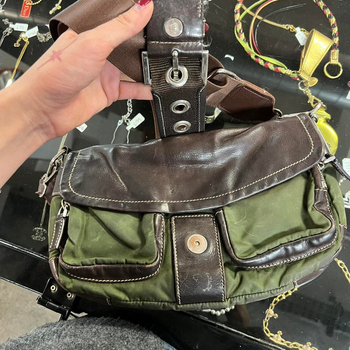 Prada green & brown tessuto shoulder / cross body bag
