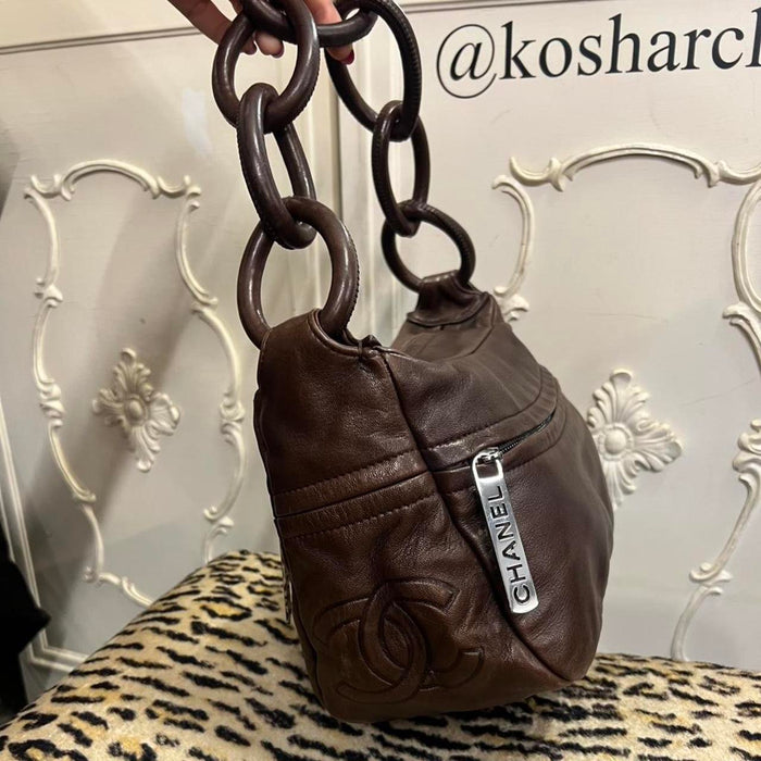 Chanel chain link brown leather bag