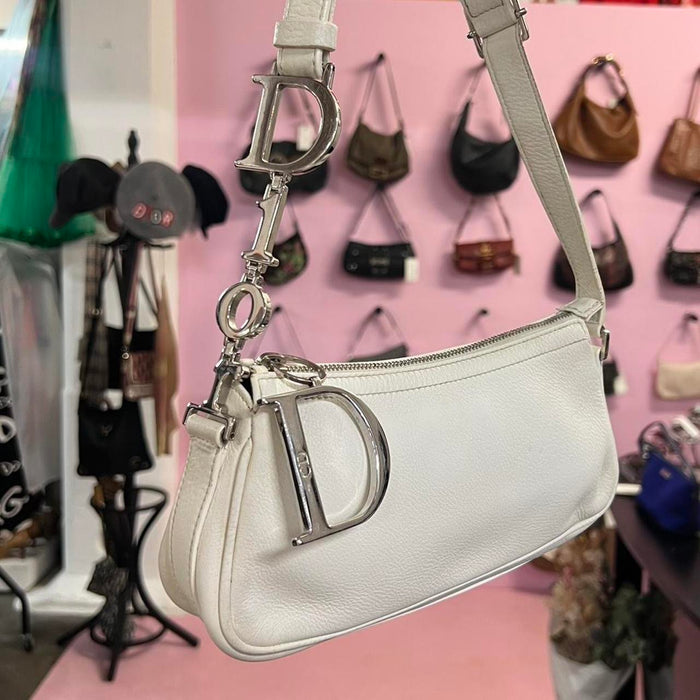 Christian Dior white leather spellout shoulder bag
