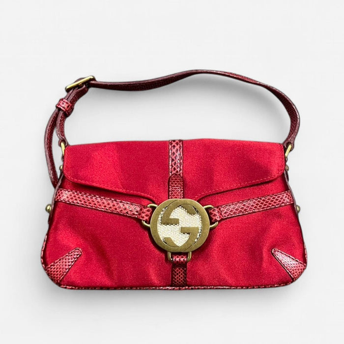 Gucci reins red lizard satin rhinestone thong bag