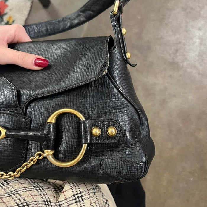 Gucci black leather horsebit shoulder bag