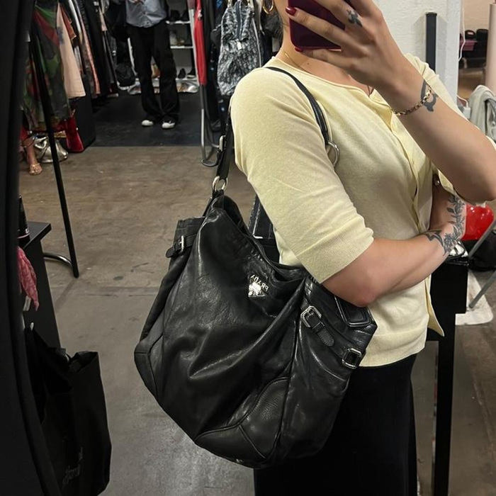 Prada black leather double pocket hobo bag