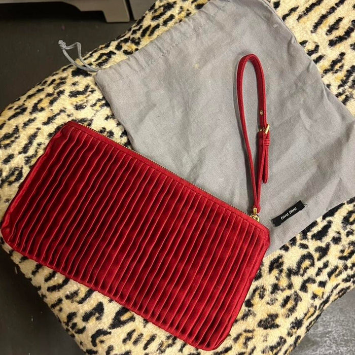 Miu Miu red satin pleated clutch