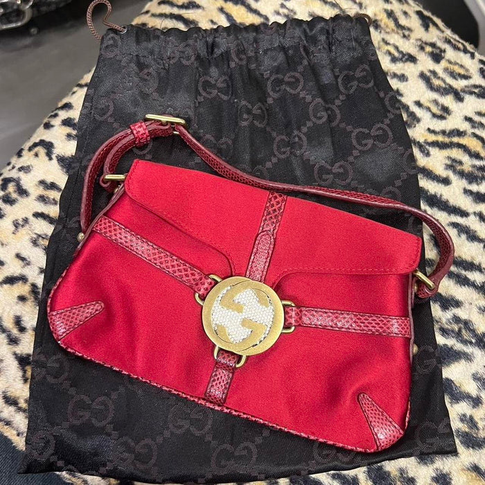 Gucci reins red lizard satin rhinestone thong bag