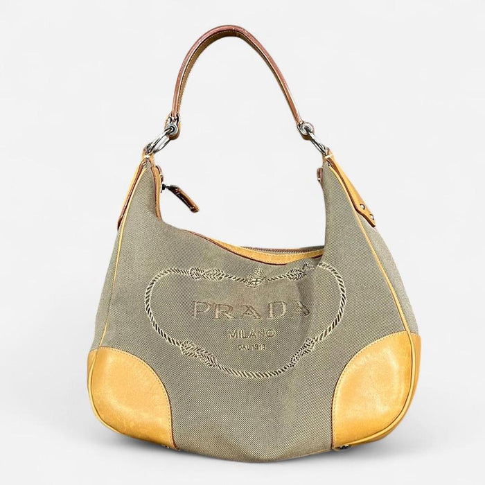 Prada jacquard canvas tan shoulder bag