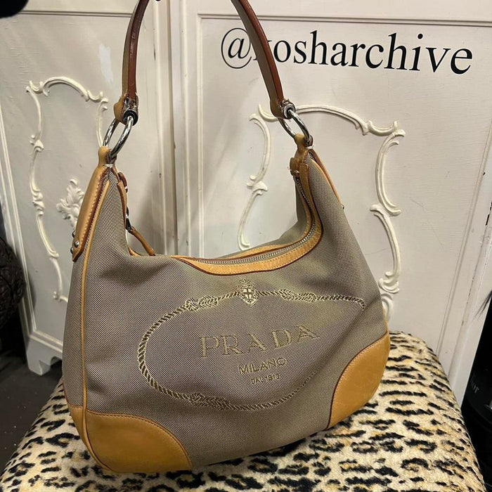 Prada jacquard canvas tan shoulder bag