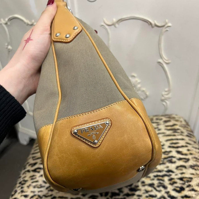 Prada jacquard canvas tan shoulder bag