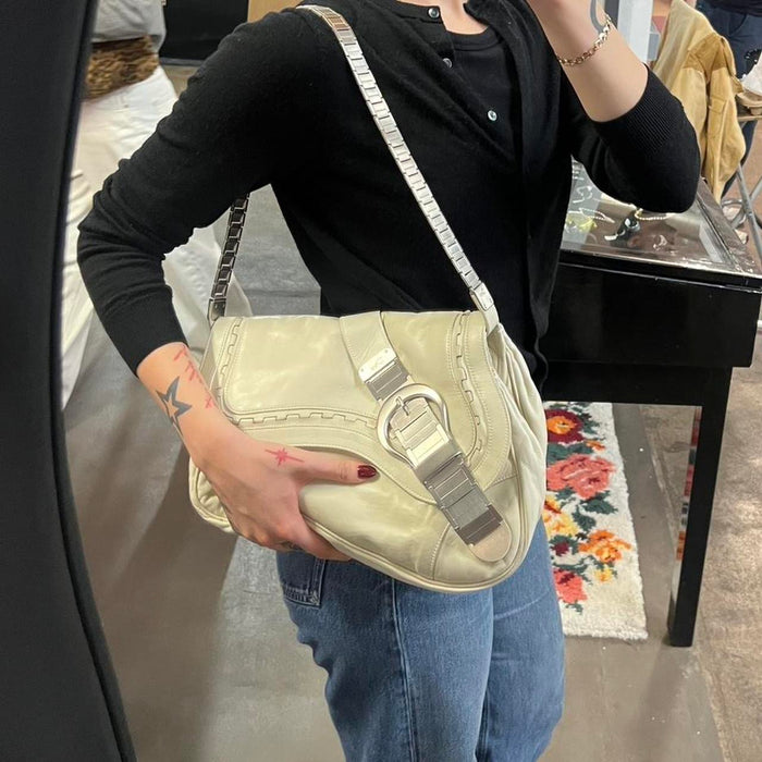 Christian Dior white oyster strap gaucho saddle bag