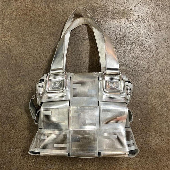 Fendi silver metallic large woven crossword bag