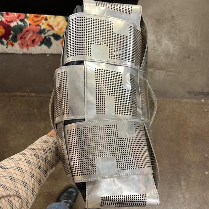 Fendi silver metallic large woven crossword bag