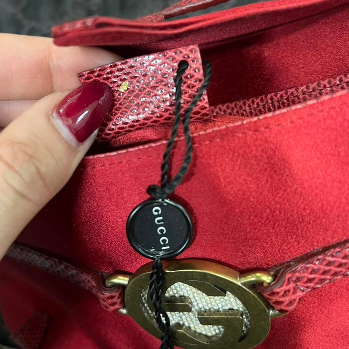 Gucci reins red lizard satin rhinestone thong bag