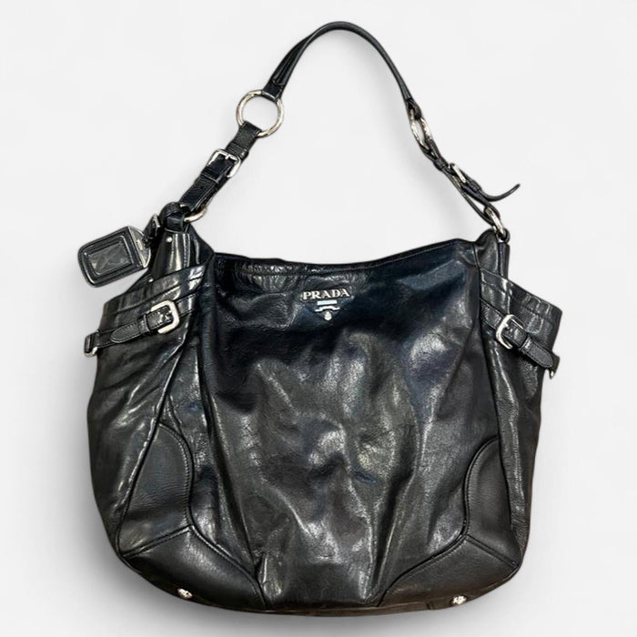 Prada black leather double pocket hobo bag