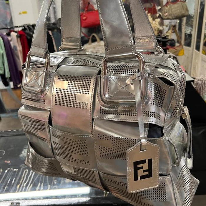 Fendi silver metallic large woven crossword bag