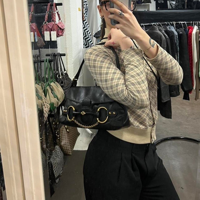 Gucci black leather horsebit shoulder bag