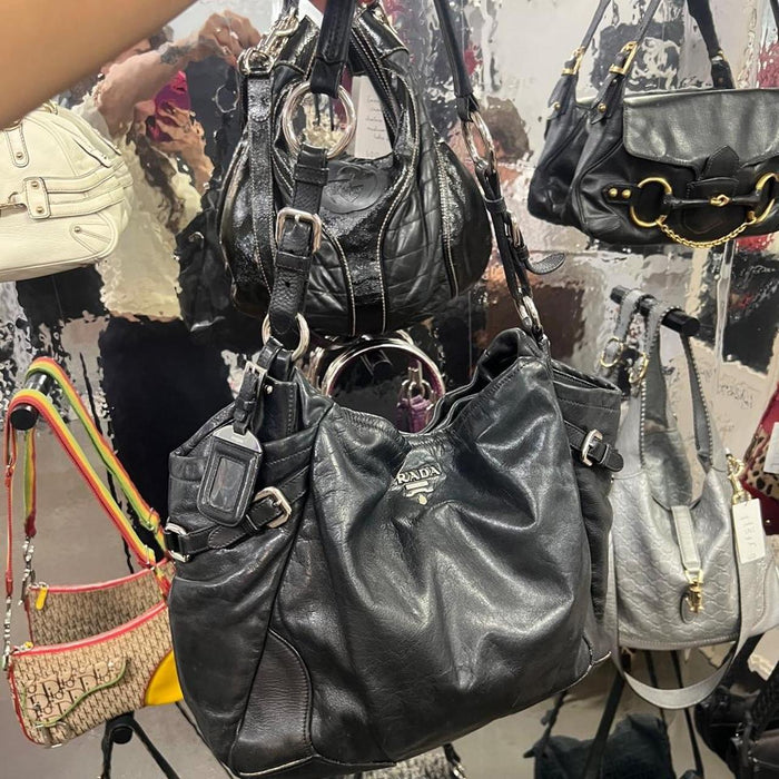 Prada black leather double pocket hobo bag