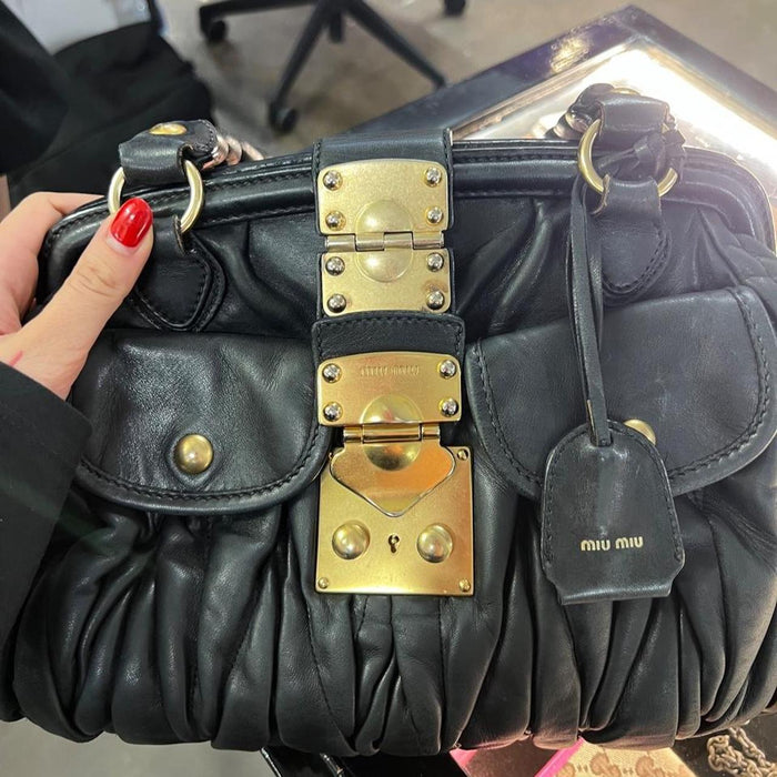Miu Miu black leather matelasse coffer bag