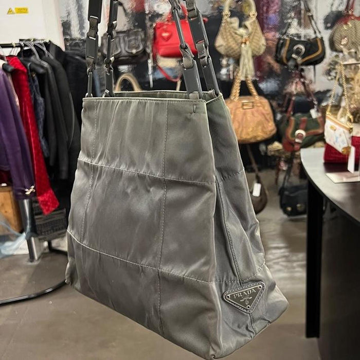 Prada green grey tote bag with chain strap