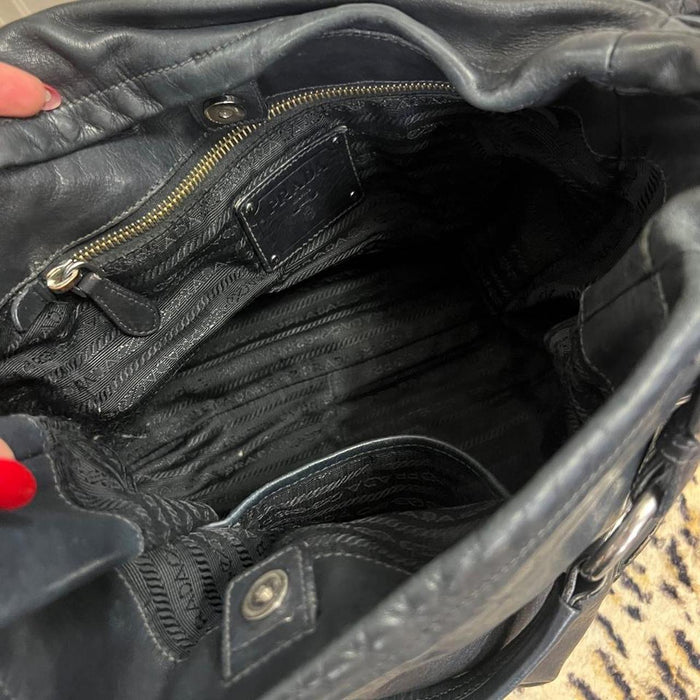 Prada black leather double pocket hobo bag