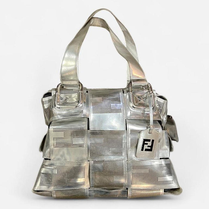 Fendi silver metallic large woven crossword bag