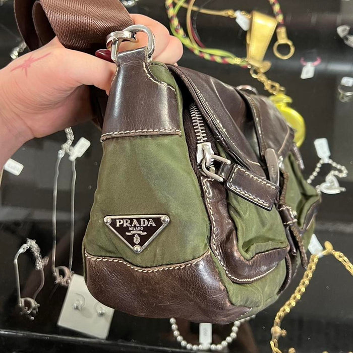 Prada green & brown tessuto shoulder / cross body bag