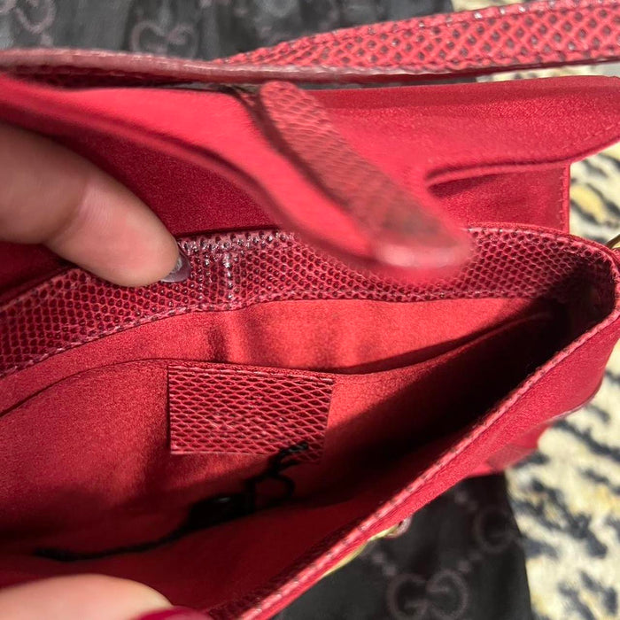 Gucci reins red lizard satin rhinestone thong bag