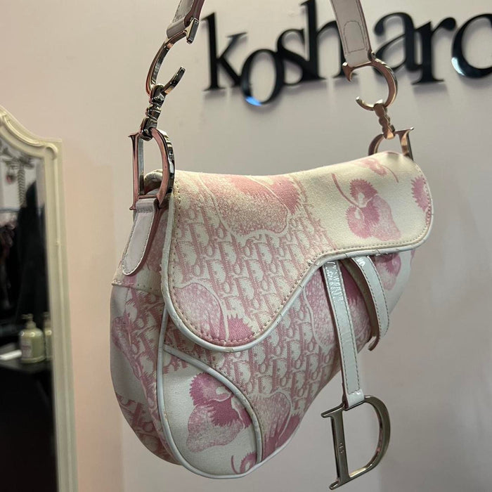 Dior pink and white floral saddle bag