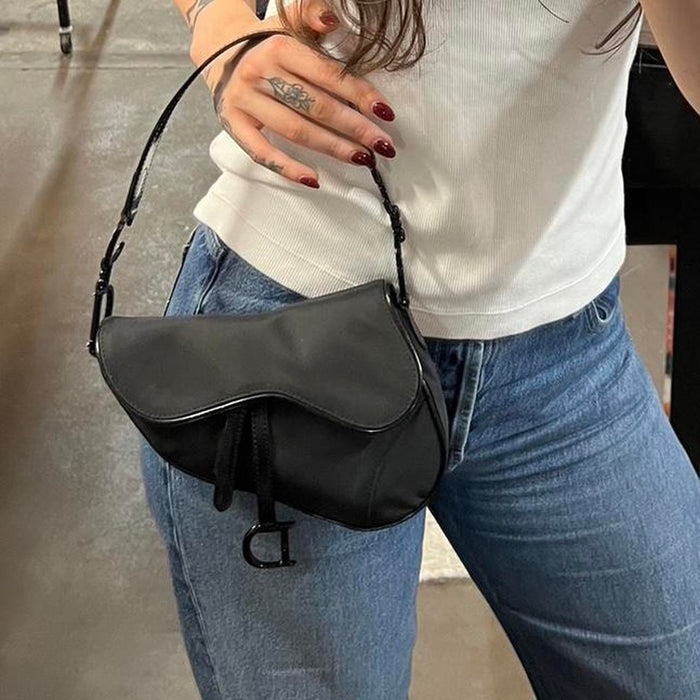 Christian Dior black satin saddle bag