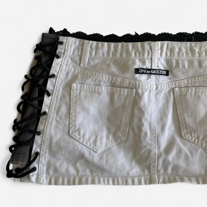 Jean Paul Gaultier white denim mini skirt with black lace