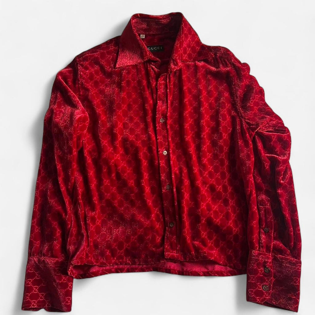 red gucci dress shirt GUCCI Stretch GG Velvet Devor Shirt, Size 44, Bordeaux