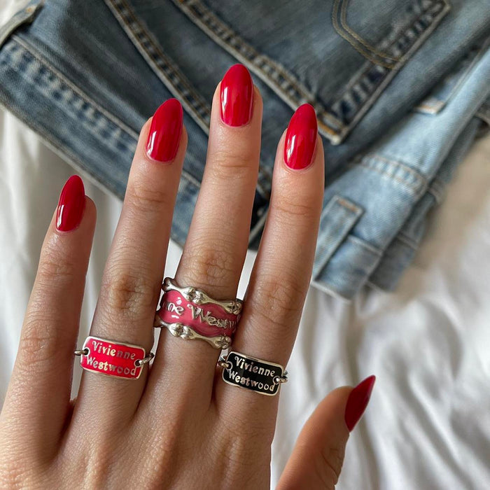 Vivienne Westwood silver & pink spellout tag ring