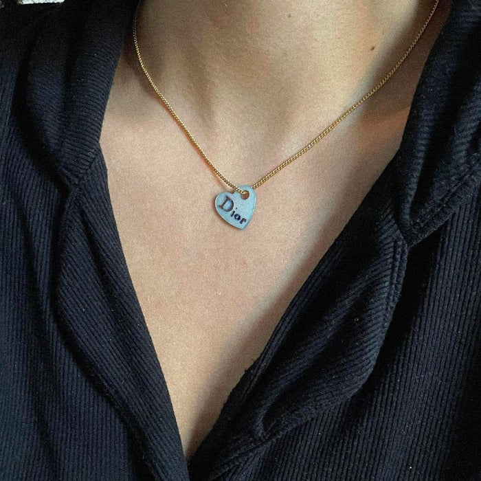 Dior gold & blue pearl heart logo necklace