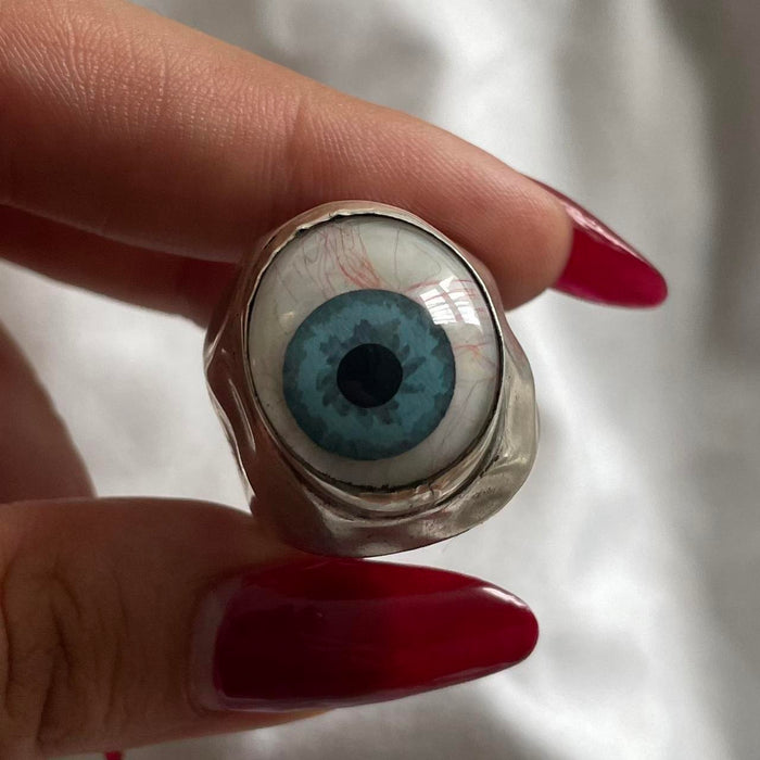 Handmade real prosthetic blue eye sterling silver ring