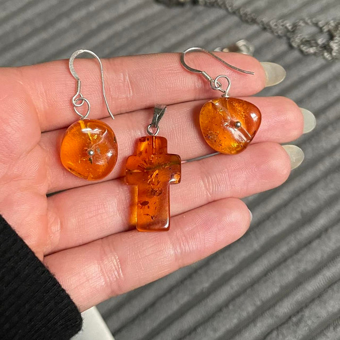 Handmade amber cross mini pendant necklace