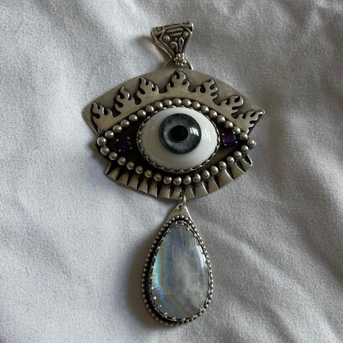 Handmade prosthetic blue eye sterling silver & opal necklace pendant