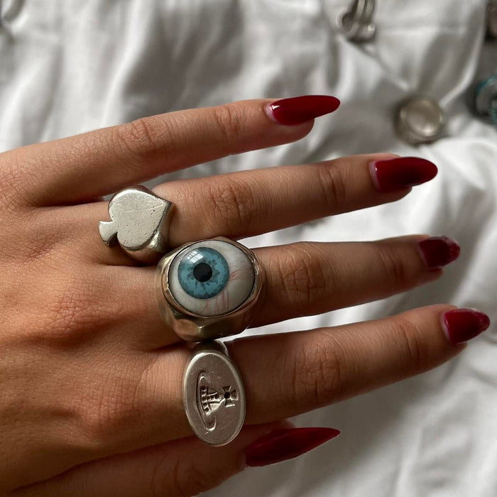 Handmade real prosthetic blue eye sterling silver ring
