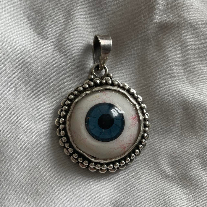 Handmade real prosthetic blue eye sterling silver necklace pendant