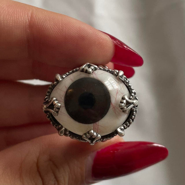 Handmade real prosthetic brown eye sterling silver ring